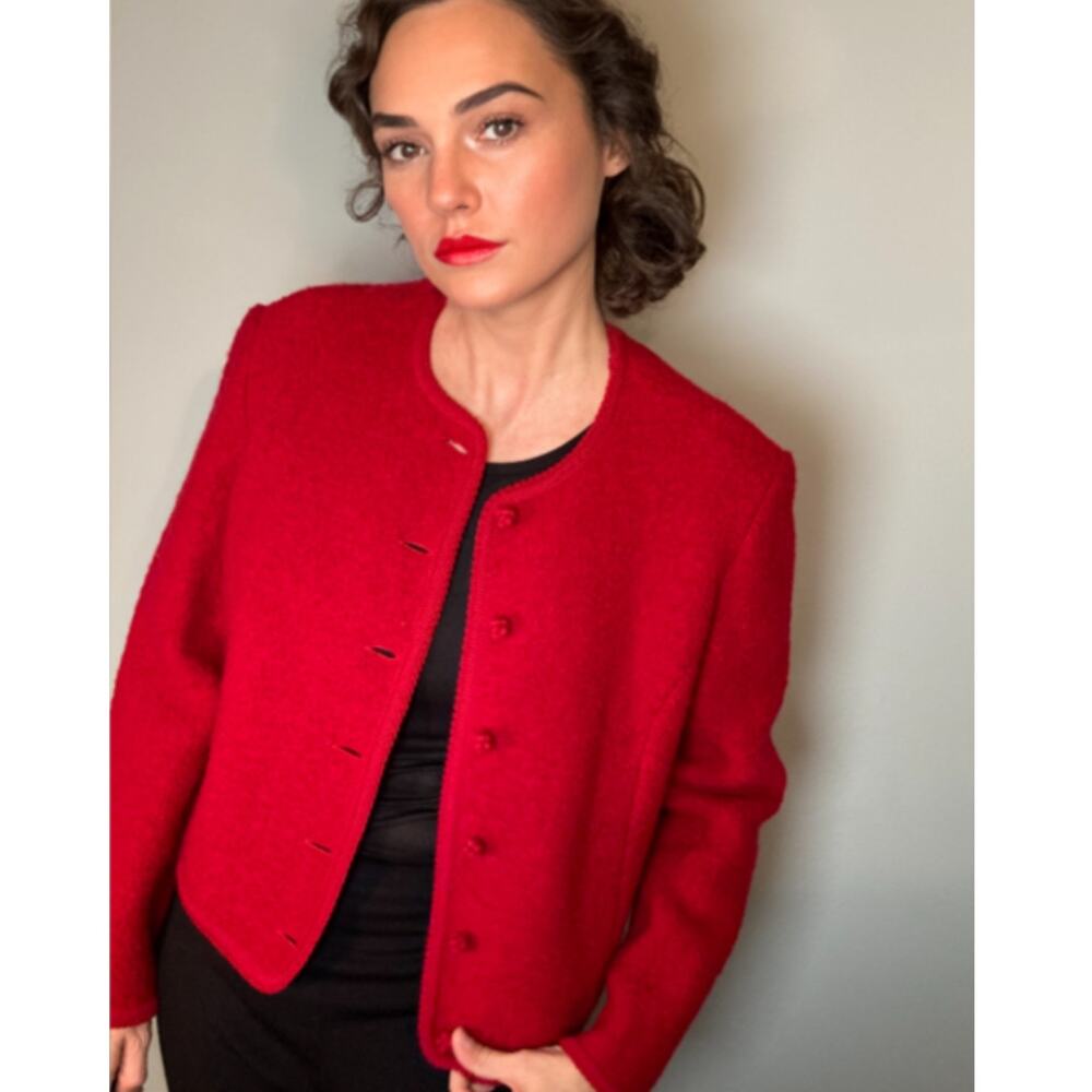 Lands' End Wool Bouclé Cropped Evening Jacket Cherry Red Gorgeous Sz 16 Petite